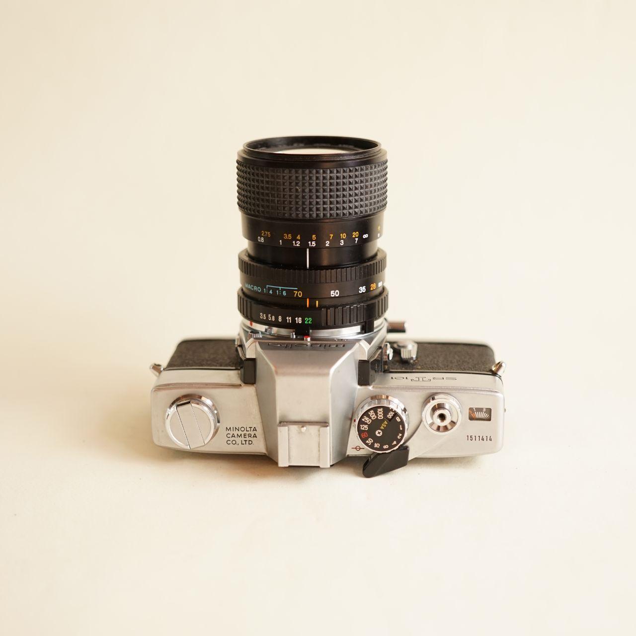 Minolta SRT 101 35mm SLR Film Camera with Minolta MD Zoom 28โ70mm Lens | FULLY CLAโd | Silver & Black