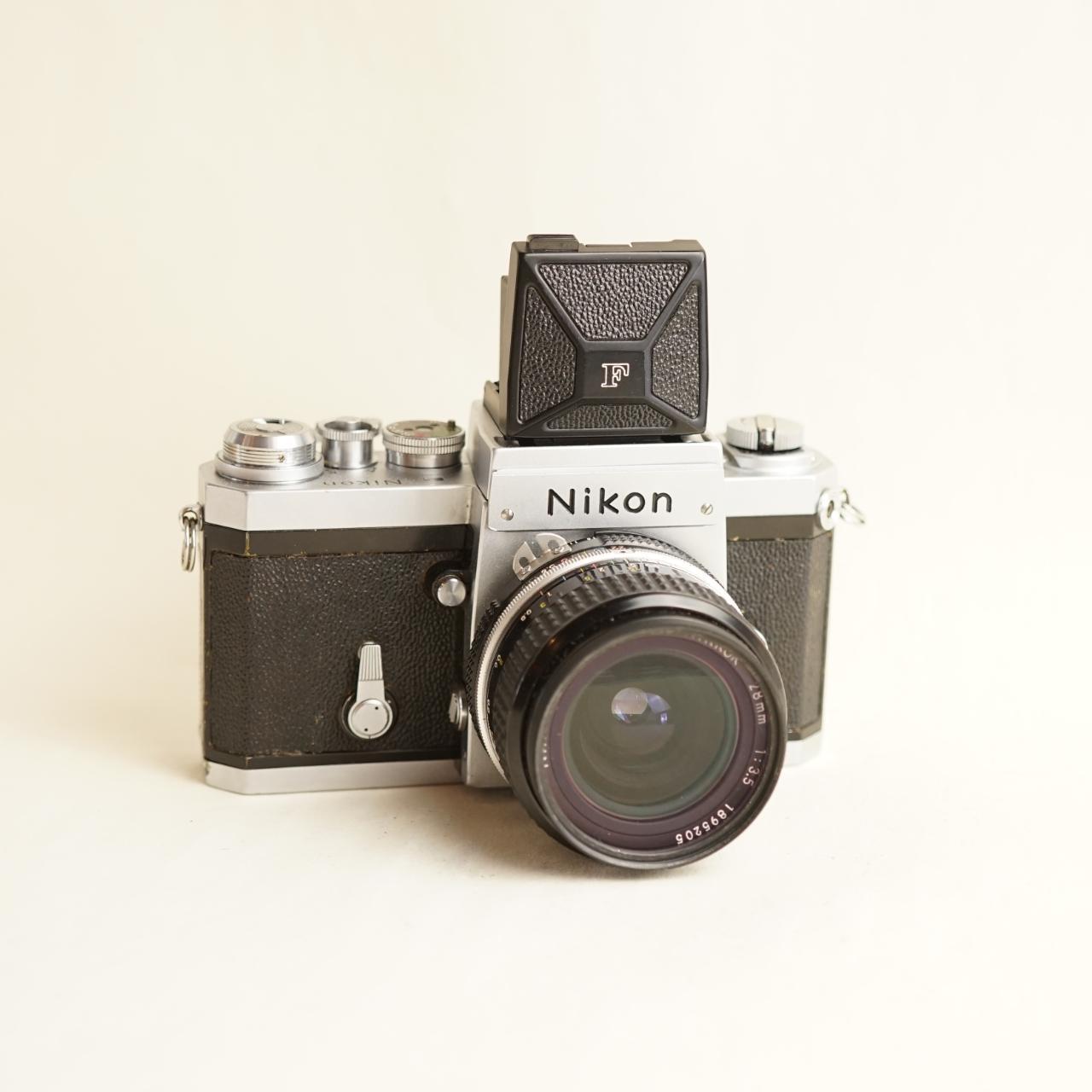 Nikon F SLR Film Camera + Nikon 28mm f/3.5 Lens + Waist-Level Viewfinder | 35mm SLR | Tested & Working | Silver & Black