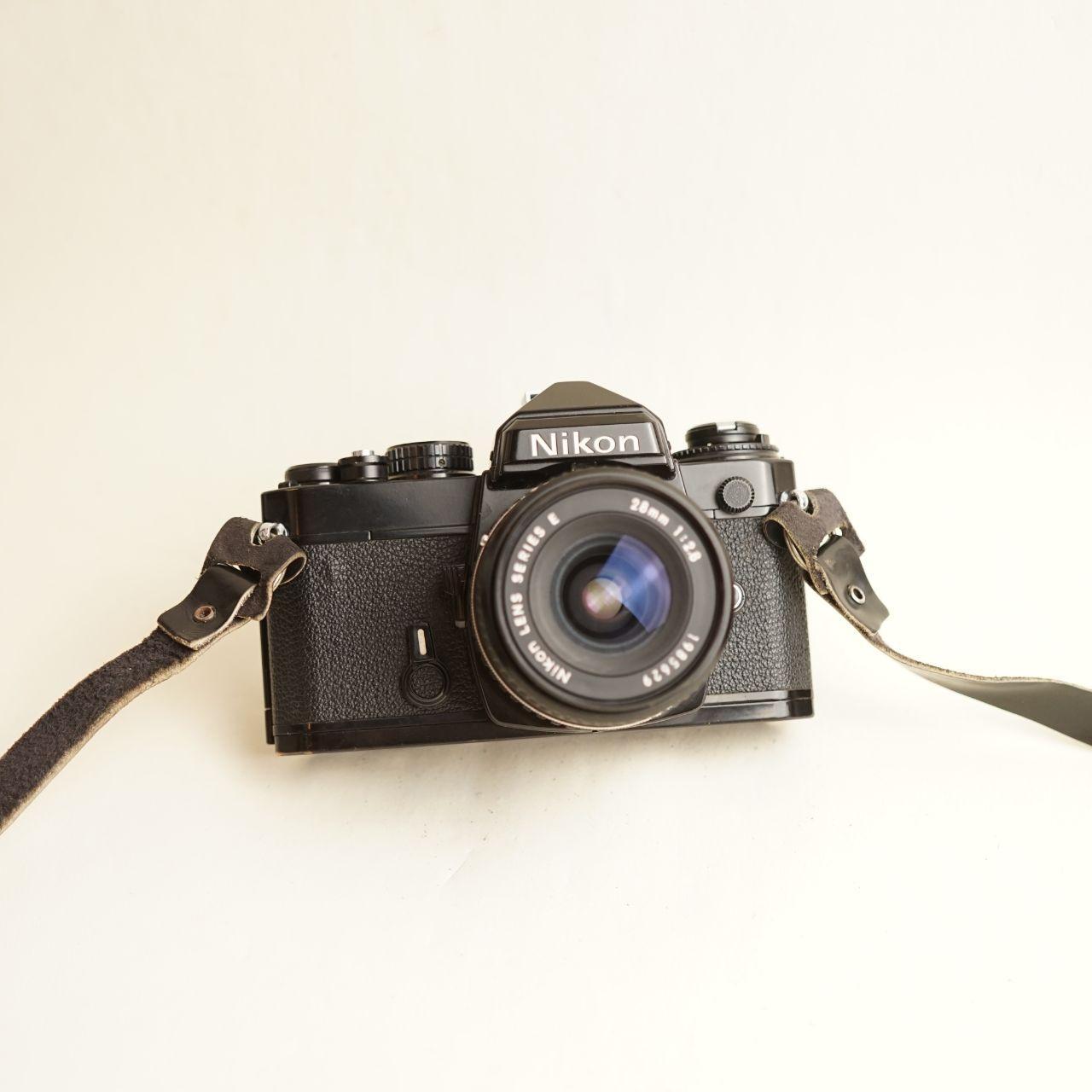 Nikon FE Film Camera + Nikon Series E 28mm f/2.8 Lens | 35mm SLR | Tested & Working | Silver & Black
