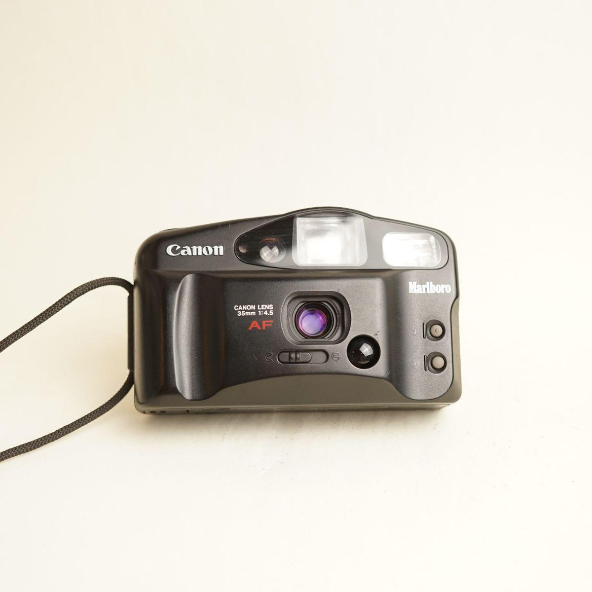Canon Sure Shot Owl Marlboro Film Camera | 35mm Point & Shoot | Tested & Working | Black & Red