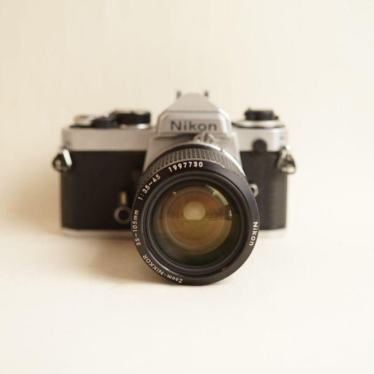 Nikon FE 35mm SLR Film Camera | Nikkor 35–105mm f/3.5–4.5 Lens | Tested & Working | Silver & Black