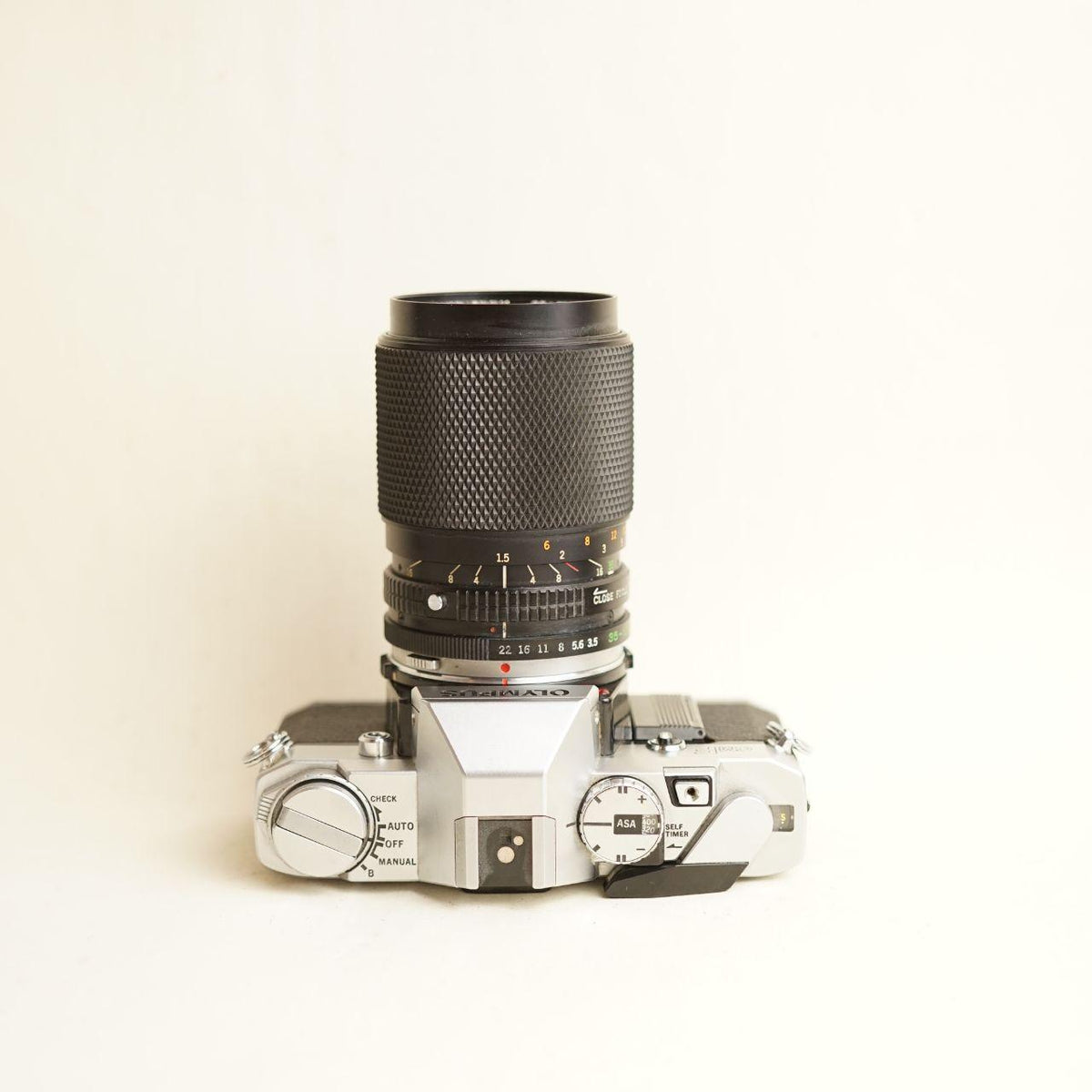 Olympus OM-F Film Camera + Olympus 35-105mm f/3.5-4.5 Lens | 35mm SLR | Tested & Working | Silver & Black