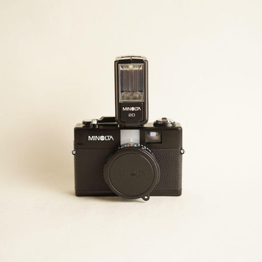 Minolta Hi-Matic G2 Film Camera + Minolta Electroflash 20 | 35mm Point & Shoot | Tested & Working | Silver & Black