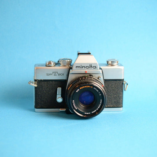 Minolta SRT 201 Film Camera + MD Rokkor-X 45mm f/2 Lens | FULLY CLA’d | Silver & Black